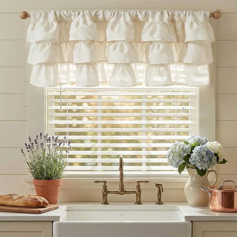 NICETOWN Farmhouse Valance Curtains 16 Inches Long for Kitchen & Bathroom, Linen Three-Tiered Ruffled Rod Pocket Design, Light Filtering Farmhouse Window Treatment, 52 W. in Saudi Arabia
