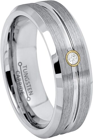 Jewelry Avalanche 7MM Brushed Grooved Center Beveled Edge Tungsten Carbide Wedding Band - 0.07ct Diamond Tungsten Ring - April Birthstone Ring in Saudi Arabia