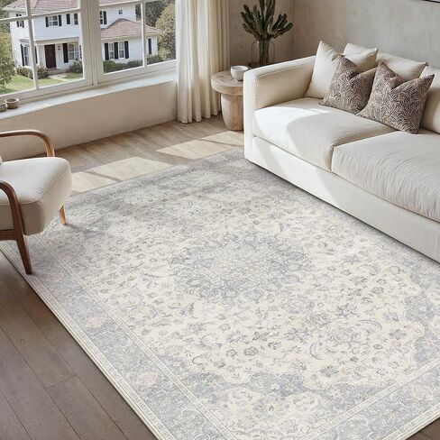 سجادة منطقة 8 × 10 قابلة للغسل باللون البيج المحايد العتيق لغرفة المعيشة وغرفة النوم، سجادة غير قابلة للانزلاق، كومة منخفضة ناعمة من الزهور في الأماكن المغلقة، سجادة كبيرة لغرفة الطعام والمكتب in Kuwait