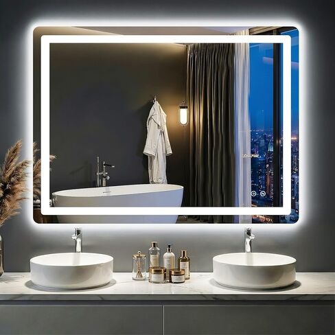 مرآة حمام LED مع أضواء - مقاومة للضباب، قابلة للتعتيم، إضاءة خلفية + إضاءة أمامية، 3 ألوان إضاءة - مرايا زينة مضاءة مقاس 40 بوصة × 30 بوصة للجدار، زجاج مقسى مقاوم للكسر، وظيفة الذاكرة in Kuwait