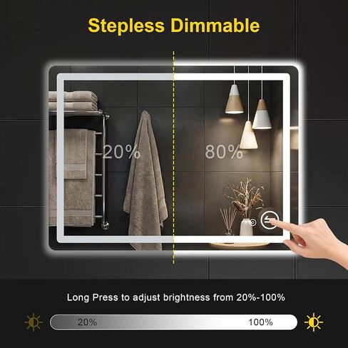 مرآة حمام LED مع أضواء - مقاومة للضباب، قابلة للتعتيم، إضاءة خلفية + إضاءة أمامية، 3 ألوان إضاءة - مرايا زينة مضاءة مقاس 40 بوصة × 30 بوصة للجدار، زجاج مقسى مقاوم للكسر، وظيفة الذاكرة in Kuwait