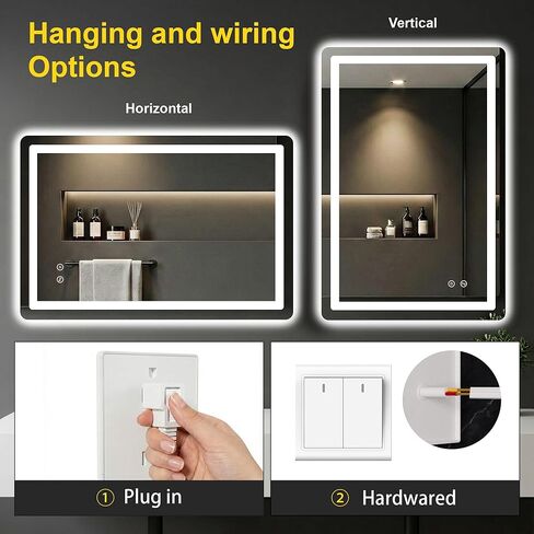 مرآة حمام LED مع أضواء - مقاومة للضباب، قابلة للتعتيم، إضاءة خلفية + إضاءة أمامية، 3 ألوان إضاءة - مرايا زينة مضاءة مقاس 40 بوصة × 30 بوصة للجدار، زجاج مقسى مقاوم للكسر، وظيفة الذاكرة in Kuwait