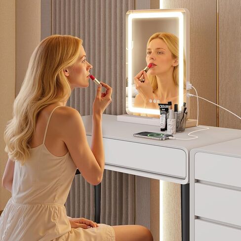 مرآة مكياج LED مقاس 17 بوصة × 13 بوصة من DUMOS، مرآة مكياج قابلة للتعتيم بـ 3 أوضاع ألوان مع وظيفة الذاكرة، شحن USB، إطار من الألومنيوم، مرآة مضاءة للمكتب أو غرفة النوم in Kuwait