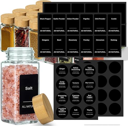 ملصقات مطبوعة مسبقًا - ملصقات سوداء مقاومة للماء لبرطمانات توابل طعام المطبخ، وملصقات توابل لتنظيم مخزن المطبخ - 96 قطعة (الجرار غير متضمنة) in Kuwait