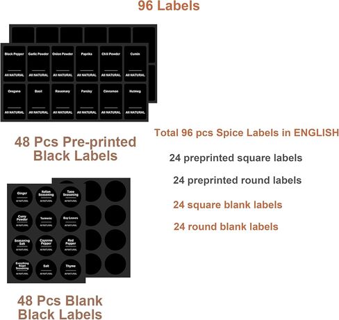 ملصقات مطبوعة مسبقًا - ملصقات سوداء مقاومة للماء لبرطمانات توابل طعام المطبخ، وملصقات توابل لتنظيم مخزن المطبخ - 96 قطعة (الجرار غير متضمنة) in Kuwait
