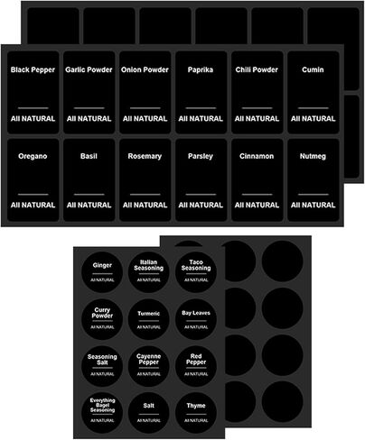 ملصقات مطبوعة مسبقًا - ملصقات سوداء مقاومة للماء لبرطمانات توابل طعام المطبخ، وملصقات توابل لتنظيم مخزن المطبخ - 96 قطعة (الجرار غير متضمنة) in Kuwait