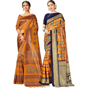 Elina fashion Pack of Two Sarees for Women Mysore Art Silk Printed Sarees Combo | Indian Wedding Ethnic Diwali Gift Sari Set in Kuwait