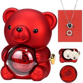 Preserved Red Real Rose with Heart Necklace，Eternal Flowers Rose Bear Gifts for Mom Wife Girlfriend on Mothers Day Birthday Valentines Christmas Anniversary Romantic Gifts for Her in Saudi Arabia