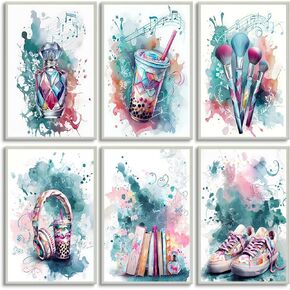 YYSEYKFJ 6Pcs Teen Girls Bedroom Wall Art Green Pink Preppy Canvas Wall Decor Teen Music Lover Artwork Perfume Cosmetics Headphones Print Pictures for Teen Girls Bedroom Bathroom Dorm (8x10in Poster) in Saudi Arabia