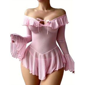 Sexy Lingerie for Women Ruffle Mesh Teddy Bodysuit Off Shoulder Bell Sleeve Rave Outfit Plus Size in Saudi Arabia