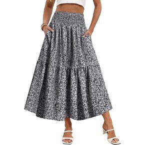 IWD Summer Long Skirts for Women Casual Smocked Elastic Waist Floral Maxi Skirt Flowy Swing A-Line Boho Skirt in Kuwait