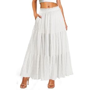 Women’s Boho Maxi Skirt Elastic High Waist A Line Flowy Ruffle Spring Beach Long Skirt with Pockets in Saudi Arabia