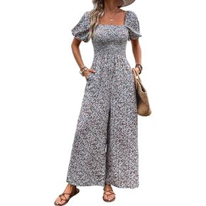 QIAOZHI Women's Casual Loose Overalls Jumpsuits One Piece Short Sleeve Smocked High Waist Wide Leg Pants Outfits With Pockets in Kuwait
