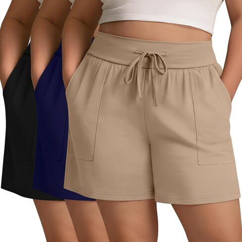 3 حزمة سراويل القطن زائد الحجم ، شورتات العرق الرباطية صالة فضفاضة يركض شورتات رياضية مع جيوب in Kuwait