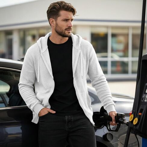 Ohoo Mens Slim Fit Waffle Knit Cotton 100% Zip Up Hoodies Lightweight Casual Long Sleeve with Kanga Pocket in Saudi Arabia