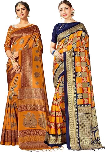 مجموعة ساري هندي للسيدات من Elina Fashion مكونة من قطعتين من الساري الهندي المطبوع من الحرير من Mysore Art | مجموعة ساري هدية ديوالي العرقية لحفلات الزفاف الهندية in Saudi Arabia