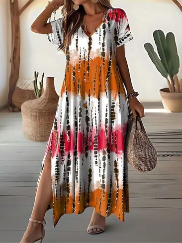 2026 Summer Boho Tie-Dye Maxi Dress Women's V-Neck Short Sleeve Split Loose Casual Vacation Dress in Saudi Arabia