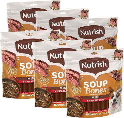 Nutrish Rachael Ray Soup Bones Minis Dog Chews with Real Beef & Barley, 16 Chews, 12.6 oz Pouch (Pack of 6) in Kuwait