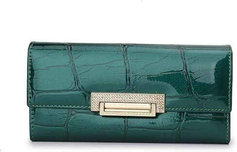 Genuine Leather Wallet for Women Patent Leather with Stone Pattern Clasp Envelope Design Metal Accent Clutch ﻿ (Green) in Saudi Arabia