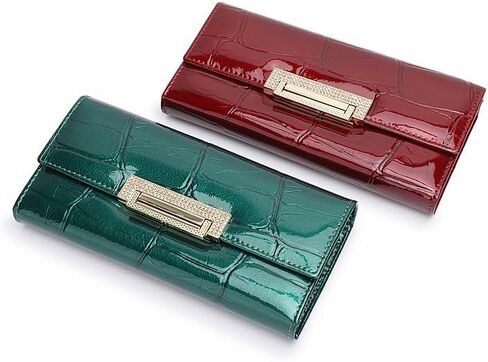 Genuine Leather Wallet for Women Patent Leather with Stone Pattern Clasp Envelope Design Metal Accent Clutch ﻿ (Green) in Saudi Arabia