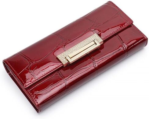 Genuine Leather Wallet for Women Patent Leather with Stone Pattern Clasp Envelope Design Metal Accent Clutch ﻿ (Green) in Saudi Arabia