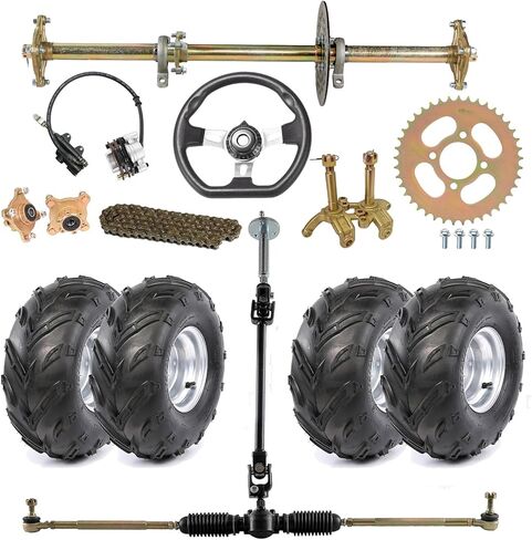 مجموعة المحور الخلفي الكاملة مقاس 32 بوصة، المحور المباشر Go-Kart DIY للمركبات الرباعية والعربات وعربات الجولف وعربات الجولف - تتضمن عجلات مقاس 16x8-7 وعمود رفوف تروس التوجيه والفرامل والمحاور وسلسلة ضرس in Kuwait