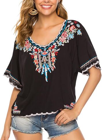 AK Women's Summer V Neck Boho Embroidered Mexican Shirts Short Sleeve Casual Tops Blouse in Saudi Arabia