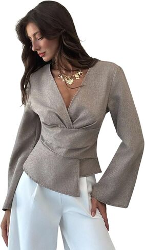 SweatyRocks Women's Petite Size Wrap Asymmetrical Cinched Waist Tops Dressy Casual V Neck Pleated Business Work Blouses in Saudi Arabia