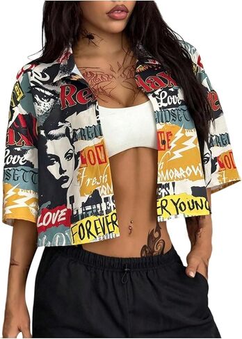 WDIRARA Women's Letter Graphic Collared Blouse 3/4 Sleeve Crop Button Down Shirts Streetwear in Saudi Arabia