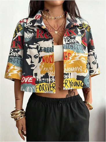 WDIRARA Women's Letter Graphic Collared Blouse 3/4 Sleeve Crop Button Down Shirts Streetwear in Saudi Arabia