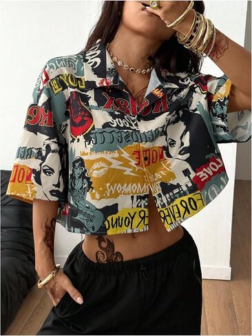 WDIRARA Women's Letter Graphic Collared Blouse 3/4 Sleeve Crop Button Down Shirts Streetwear in Saudi Arabia