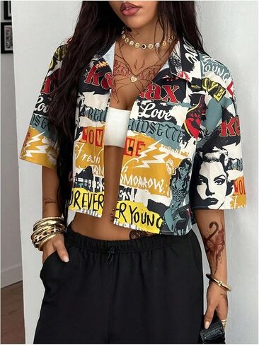 WDIRARA Women's Letter Graphic Collared Blouse 3/4 Sleeve Crop Button Down Shirts Streetwear in Saudi Arabia