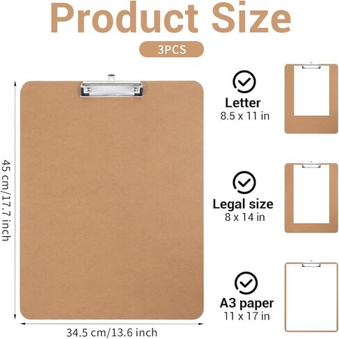 3 Pieces Extra Large 11x17 Clipboard Vertical Extra Large Clipboard Hardboard Low Profile Clip 13 x 18 Clipping Board(Wood Color) in Saudi Arabia