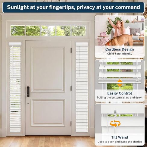 ستائر جانبية لاسلكية، 10 بوصة عرض × 72 بوصة ارتفاع ستائر نافذة أفقية من الخشب الصناعي الأبيض للباب الأمامي، شرائح 2 بوصة مع عصا إمالة قابلة للتعديل، تحكم في إضاءة الخصوصية للنوافذ الضيقة والمداخل، قطعة واحدة in Kuwait