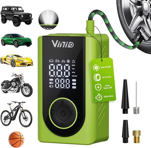 Vinid Tire Inflator Portable Air Compressor Cordless, LED Digital Display & Auto Shut-Off, 5 Modes, 150 PSI Air Pump for Car, Balls, Bike, Motorcycle, with Pressure Gauge & Accessories Included, Green in Saudi Arabia