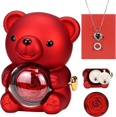 Preserved Red Real Rose with Heart Necklace，Eternal Flowers Rose Bear Gifts for Mom Wife Girlfriend on Mothers Day Birthday Valentines Christmas Anniversary Romantic Gifts for Her in Saudi Arabia