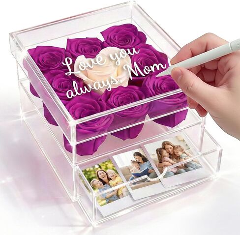 هدايا عيد الأم من مينانا للأم والزوجة - 9 ورود محفوظة في صندوق - الذكرى السنوية، وعيد الأم، وهدايا عيد ميلاد لصديقتها والجدة والعمة والأخت النسائية - ورود وردية في صندوق أكريليك in Kuwait