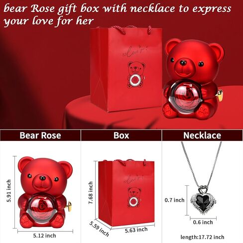 Preserved Red Real Rose with Heart Necklace，Eternal Flowers Rose Bear Gifts for Mom Wife Girlfriend on Mothers Day Birthday Valentines Christmas Anniversary Romantic Gifts for Her in Saudi Arabia