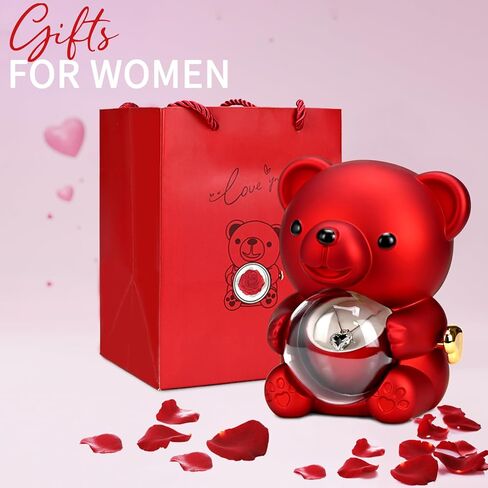 Preserved Red Real Rose with Heart Necklace，Eternal Flowers Rose Bear Gifts for Mom Wife Girlfriend on Mothers Day Birthday Valentines Christmas Anniversary Romantic Gifts for Her in Saudi Arabia