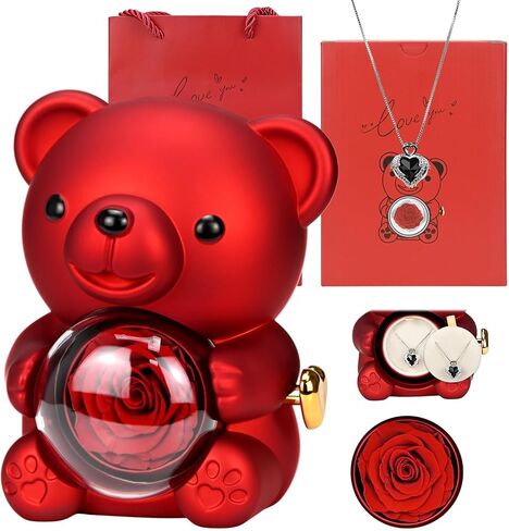Preserved Red Real Rose with Heart Necklace，Eternal Flowers Rose Bear Gifts for Mom Wife Girlfriend on Mothers Day Birthday Valentines Christmas Anniversary Romantic Gifts for Her in Saudi Arabia