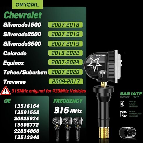 TPMS مبرمج مسبقًا 315 ميجاهرتز لـ GMC-Sierra1500/2500/3500 (2007-2019)؛ كانيون (2014-2022)؛ أكاديا (2007-2017); يوكون (2007-2020); التضاريس (2010-2020); سافانا (2008-2022); مستشعر ضغط الإطارات (4 قطع) in Kuwait