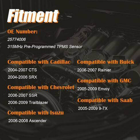 مستشعر مراقبة ضغط الإطارات TPMS المبرمج مسبقًا 25774006 مناسب لكاديلاك CTS SRX، مناسب لسيارة شيفروليه SSR Trailblazer، مناسب لسيارة Buick Rainier، مناسب لـ GMC، مناسب لـ Isuzu - 315 ميجا هرتز (4) in Saudi Arabia