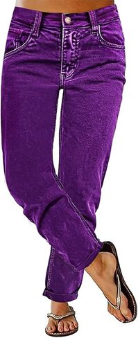 Flamingals Women's Straight Leg Pants Mid Waist Cropped Roll Hem Casual Pants with Pockets in Kuwait