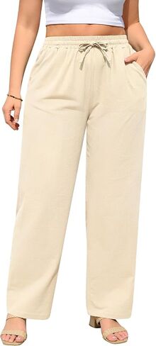 بنطلون كتان واسع الساق بمقاس كبير للنساء، بنطلون من خليط القطن قابل للتنفس، برباط، سروال بالازو واسع الخصر بخصر منخفض in Kuwait