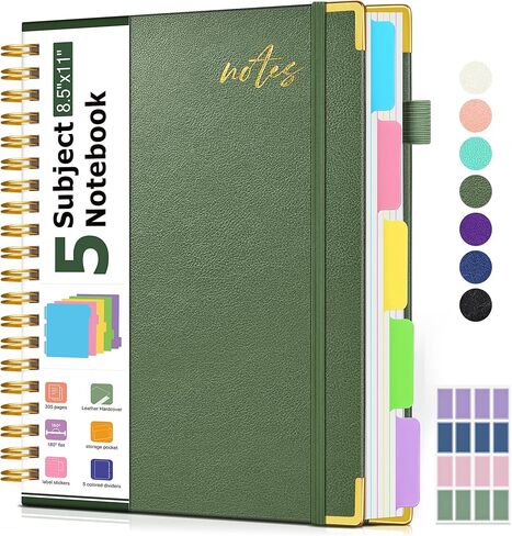 5 Subject Spiral Notebook Journal with Removable Dividers Tabs, 300 Pages Organizer Notebooks for Work School, 8"x10" Hardcover Leather Notebook College Ruled, Large Lined Journal for Women Men,Green in Saudi Arabia