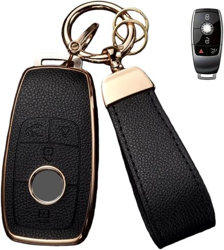 غطاء مفتاح Fob لسيارة Mercedes Benz مع سلسلة مفاتيح، جلد علوي + غطاء غطاء مفتاح ناعم من مادة TPU لسيارة Mercedes C E S GLC CLE EQE EQS 300 350 450 500 560 580 AMG (بني) in Kuwait
