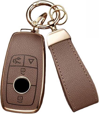 غطاء مفتاح Fob لسيارة Mercedes Benz مع سلسلة مفاتيح، جلد علوي + غطاء غطاء مفتاح ناعم من مادة TPU لسيارة Mercedes C E S GLC CLE EQE EQS 300 350 450 500 560 580 AMG (بني) in Kuwait