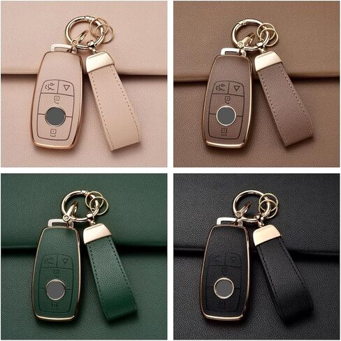 غطاء مفتاح Fob لسيارة Mercedes Benz مع سلسلة مفاتيح، جلد علوي + غطاء غطاء مفتاح ناعم من مادة TPU لسيارة Mercedes C E S GLC CLE EQE EQS 300 350 450 500 560 580 AMG (بني) in Kuwait