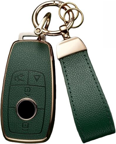 غطاء مفتاح Fob لسيارة Mercedes Benz مع سلسلة مفاتيح، جلد علوي + غطاء غطاء مفتاح ناعم من مادة TPU لسيارة Mercedes C E S GLC CLE EQE EQS 300 350 450 500 560 580 AMG (بني) in Kuwait