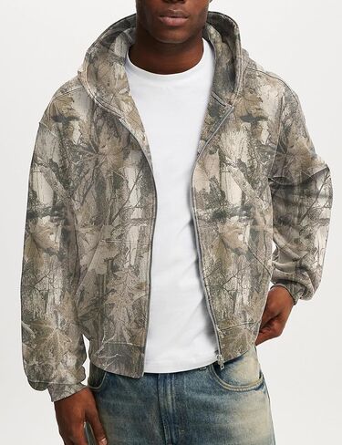 Mens Camo Zip Up Hoodie Fleece Hunting Jacket Maple Leaf Print Oversized Long Sleeve Hooded Sweatshirt in Saudi Arabia